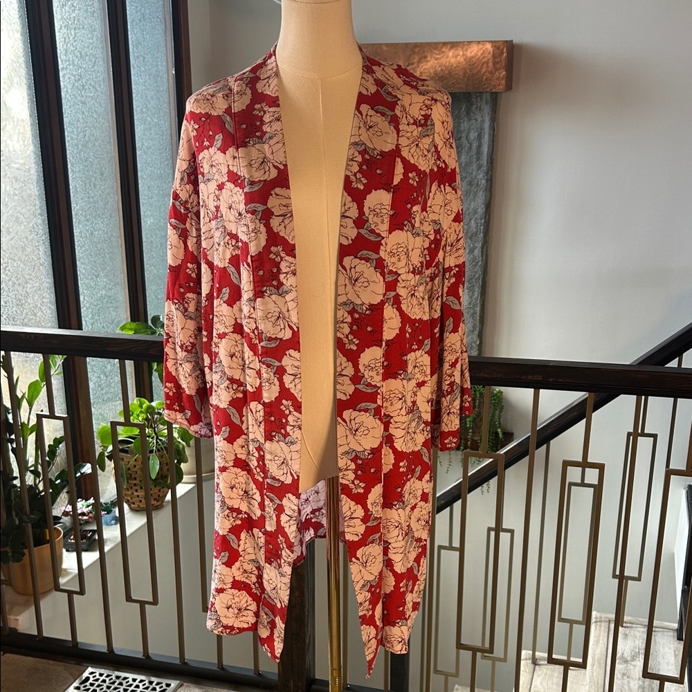 Red Floral Kimono‎ Lightweight Viscose Open Front Duster Cardigan Boho